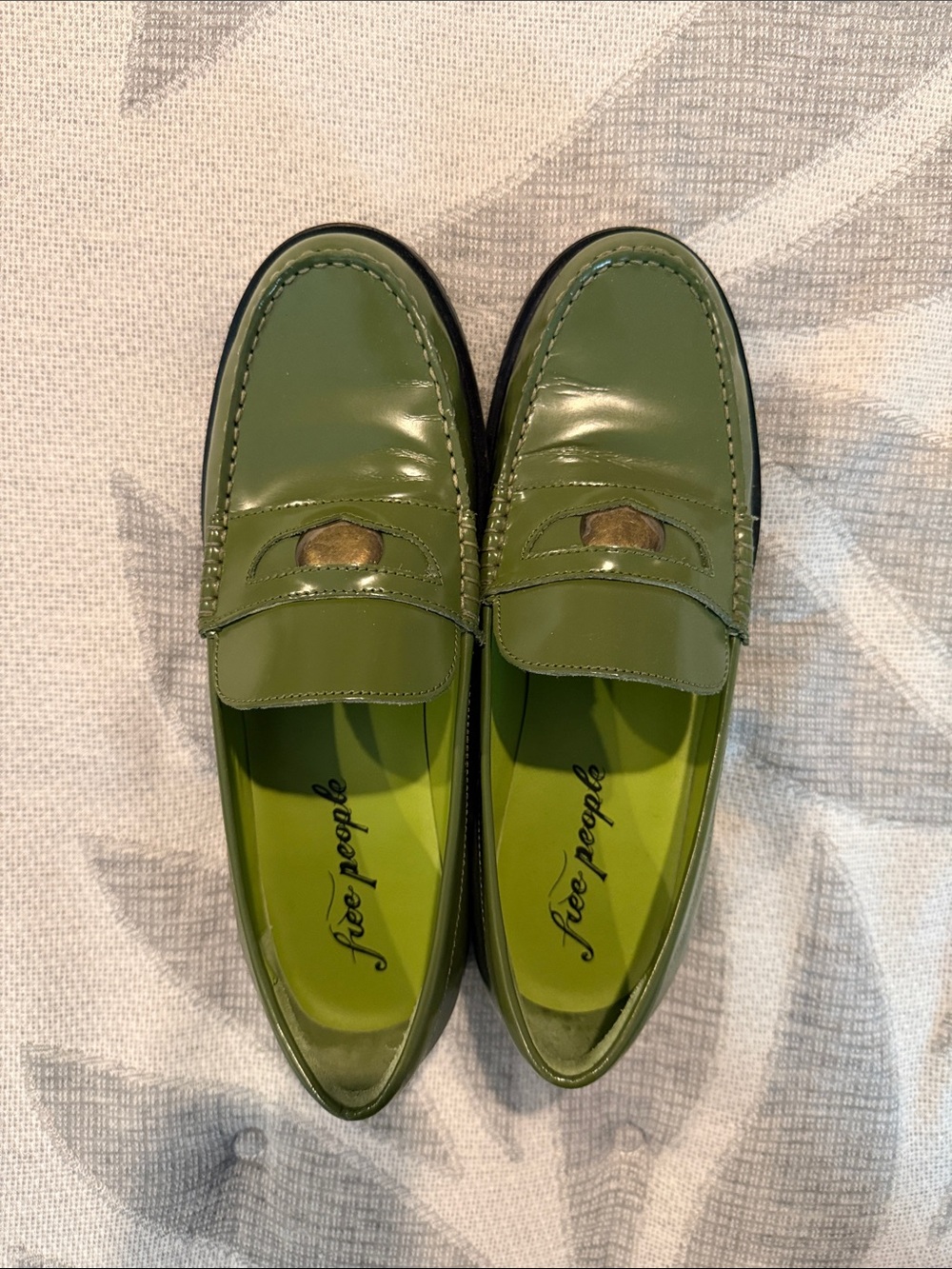 Free People Olive Green Patent Penny Loafers Size 39.5